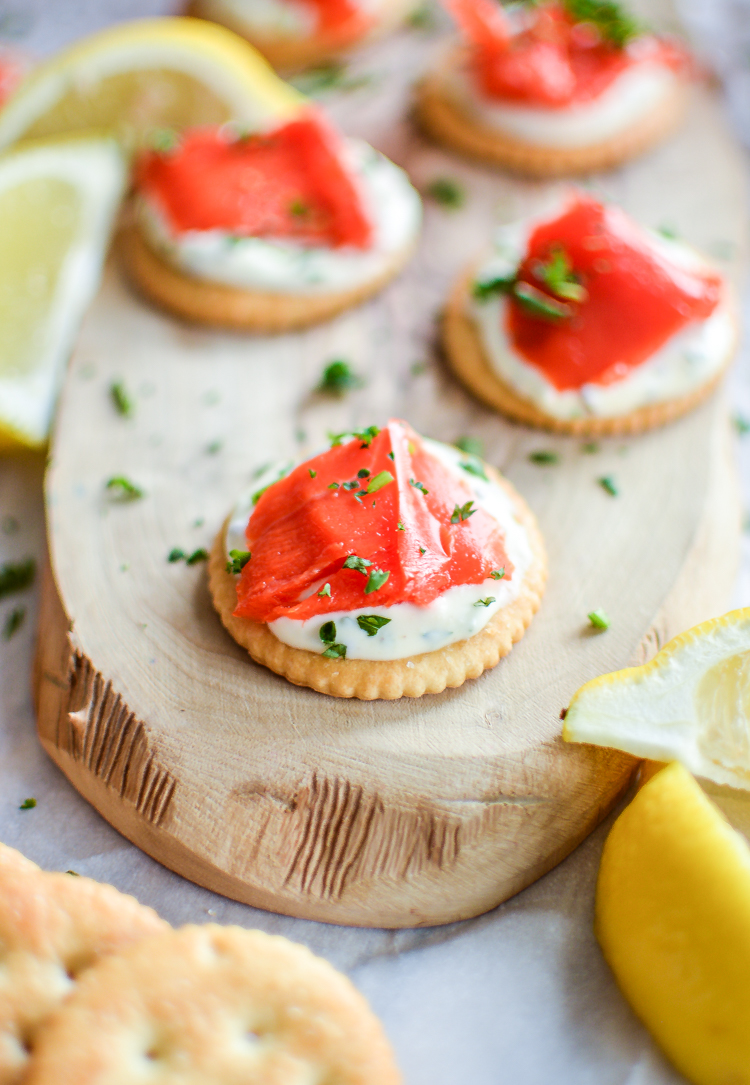 Smoked Salmon Bites with Mustard Crème Fraîche are the perfect appetizer! #PutItOnARitz #ad | www.cookingandbeer.com