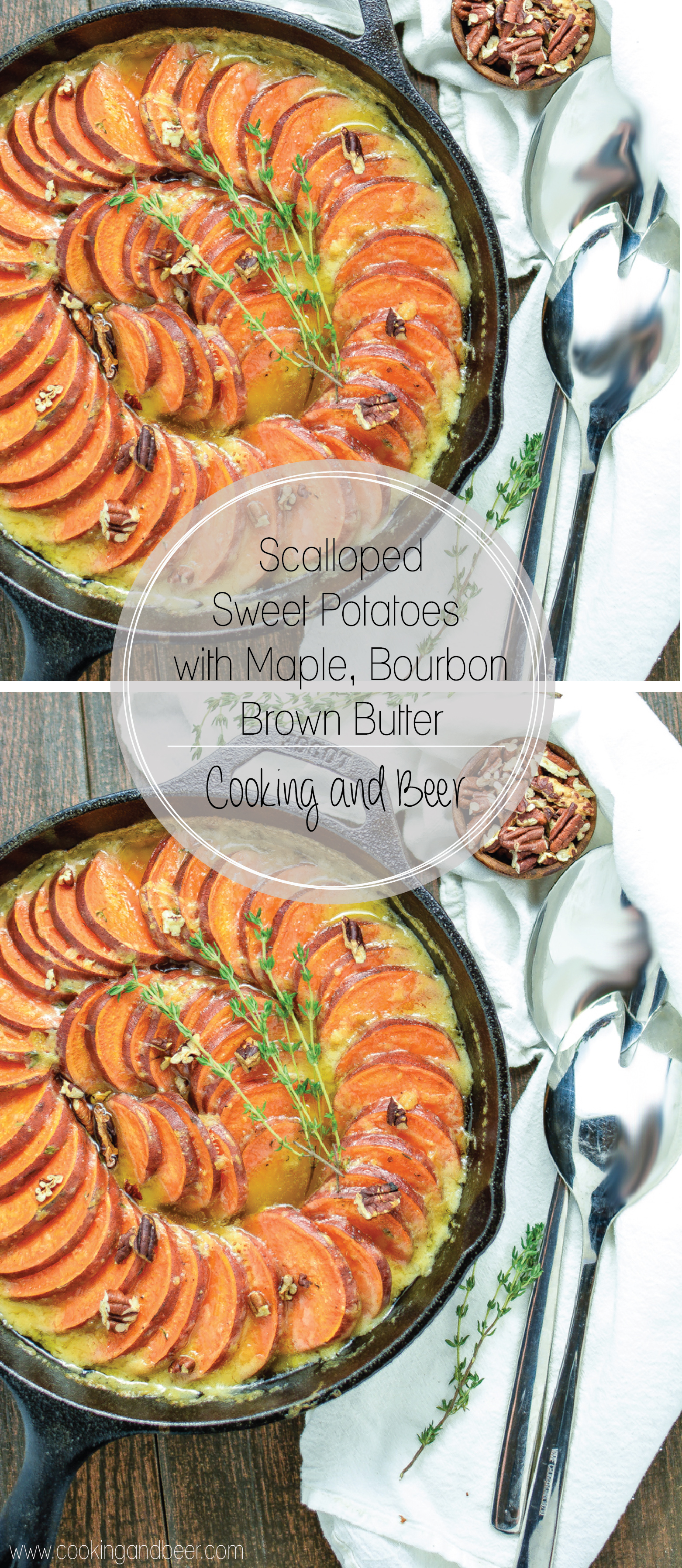 Skillet Scalloped Sweet Potatoes with Maple Bourbon Brown Butter is a must-have side dish recipe for your Thanksgiving Day dinner spreads.