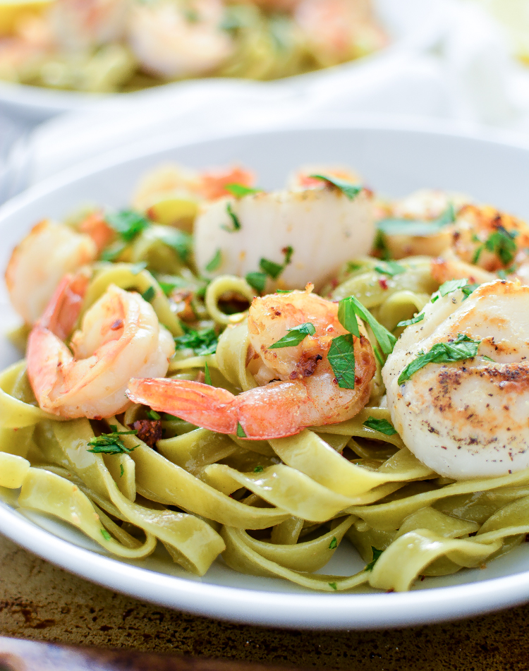 An Italian Holiday Table: Sea Scallop and Shrimp Scampi with Spinach Tagliatelle and Mascarpone and Pear Cakes