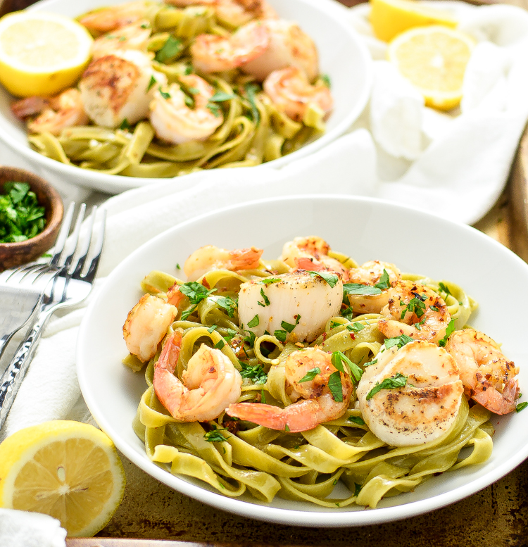 An Italian Holiday Table: Sea Scallop and Shrimp Scampi with Spinach Tagliatelle and Mascarpone and Pear Cakes