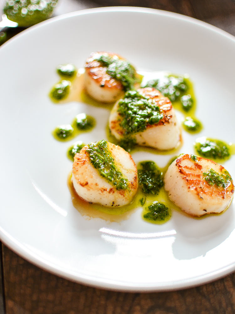 Pan-Seared Scallops with Arugula Pesto is a summer recipe to highlight fresh seafood with greens and fresh herbs! | www.cookingandbeer.com