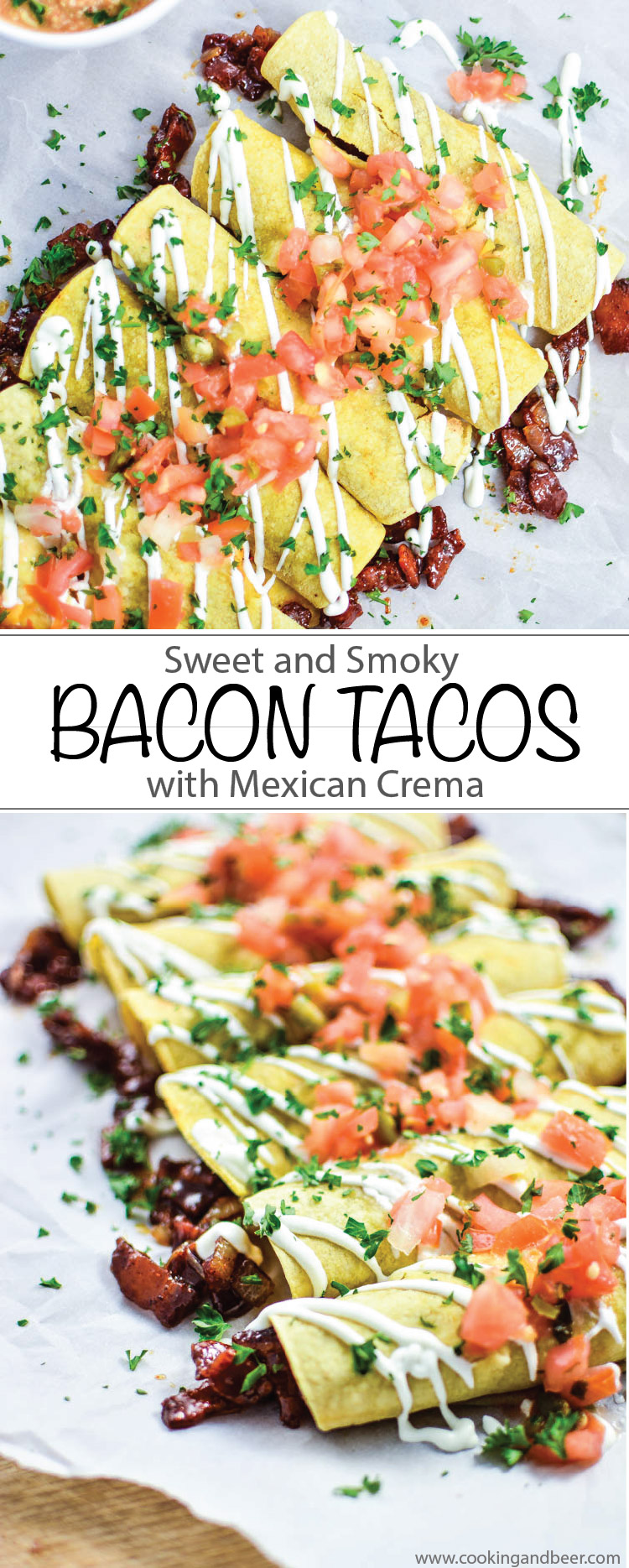 Sweet and Smoky Bacon Tacos with Mexican Crema are gluten free and ready in minutes making it the perfect lunch or weeknight dinner! | www.cookingandbeer.com