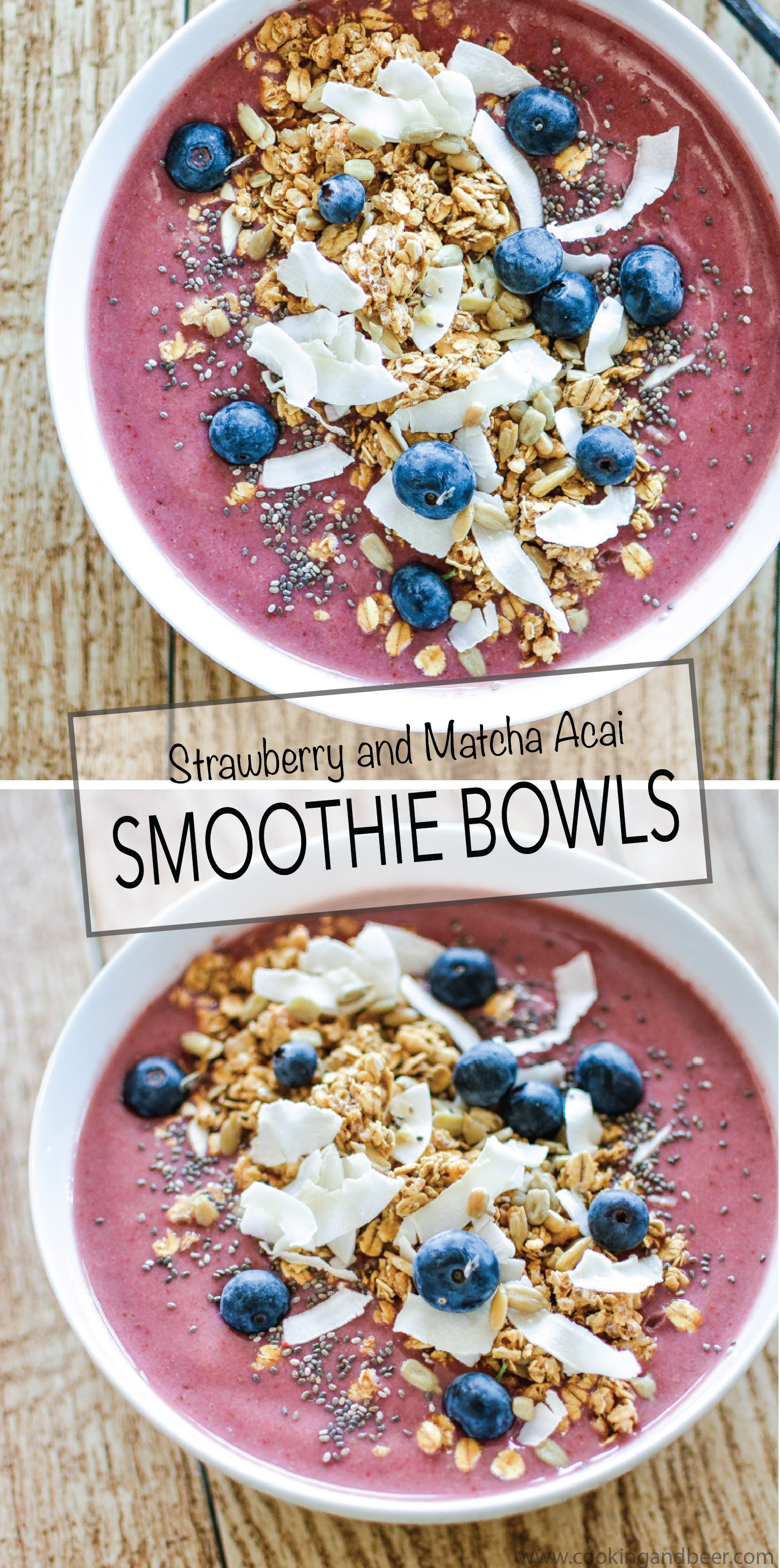 Recipe for Strawberry and Matcha Tea, Acai Smoothie Bowls are a quick breakfast that's wholesome, healthy and completely satisfying! | www.cookingandbeer.com