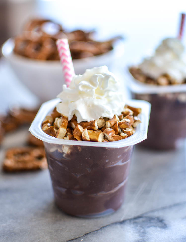 Chocolate Peanut Butter Pudding Cups with Pretzels and Coconut Whipped Cream | www.cookingandbeer.com