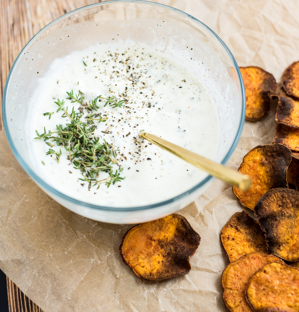 Turmeric sweet potato chips with mascarpone dip is a healthier appetizer recipe where the chips are baked and not fried, and the dip is loaded with herbs!