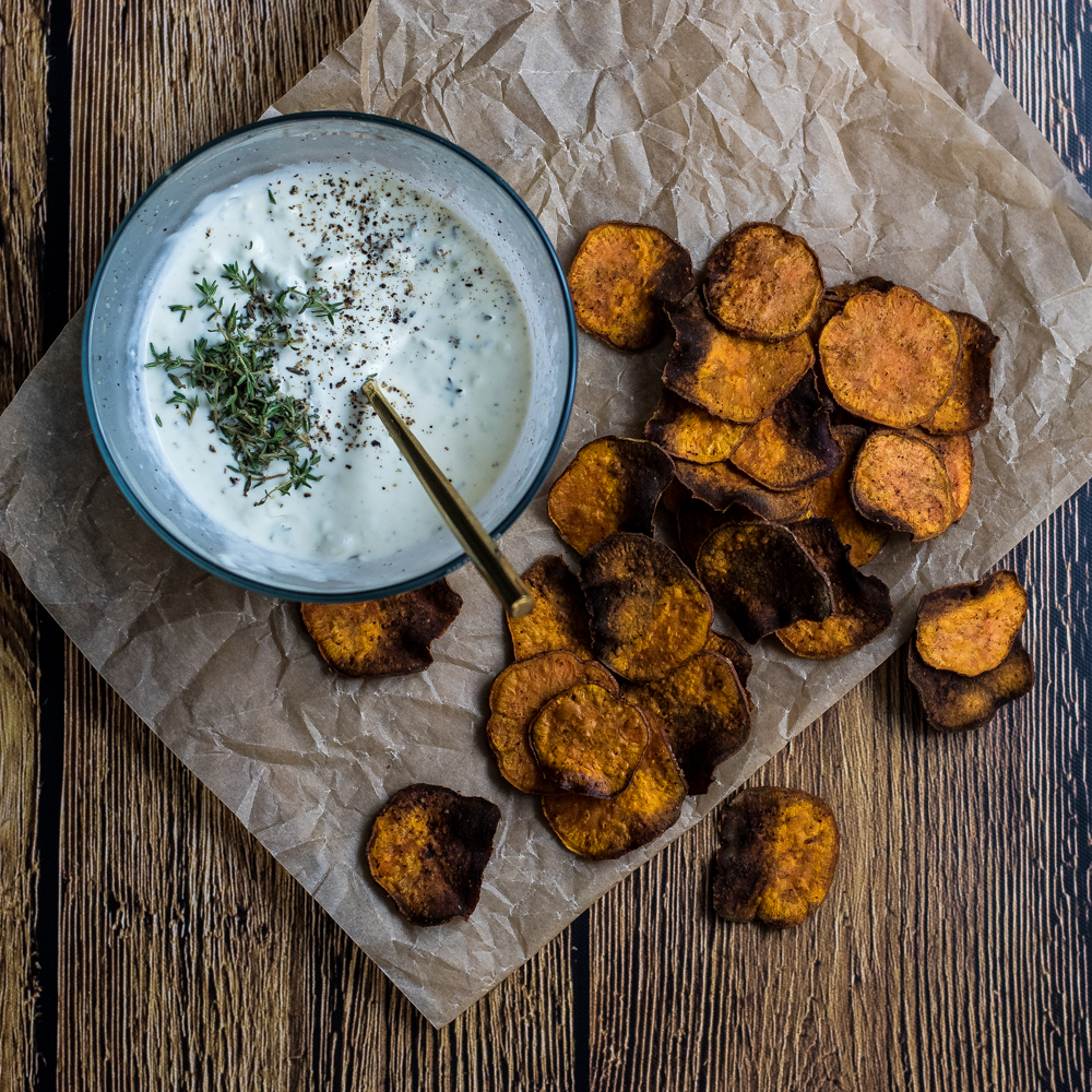Turmeric sweet potato chips with mascarpone dip is a healthier appetizer recipe where the chips are baked and not fried, and the dip is loaded with herbs!
