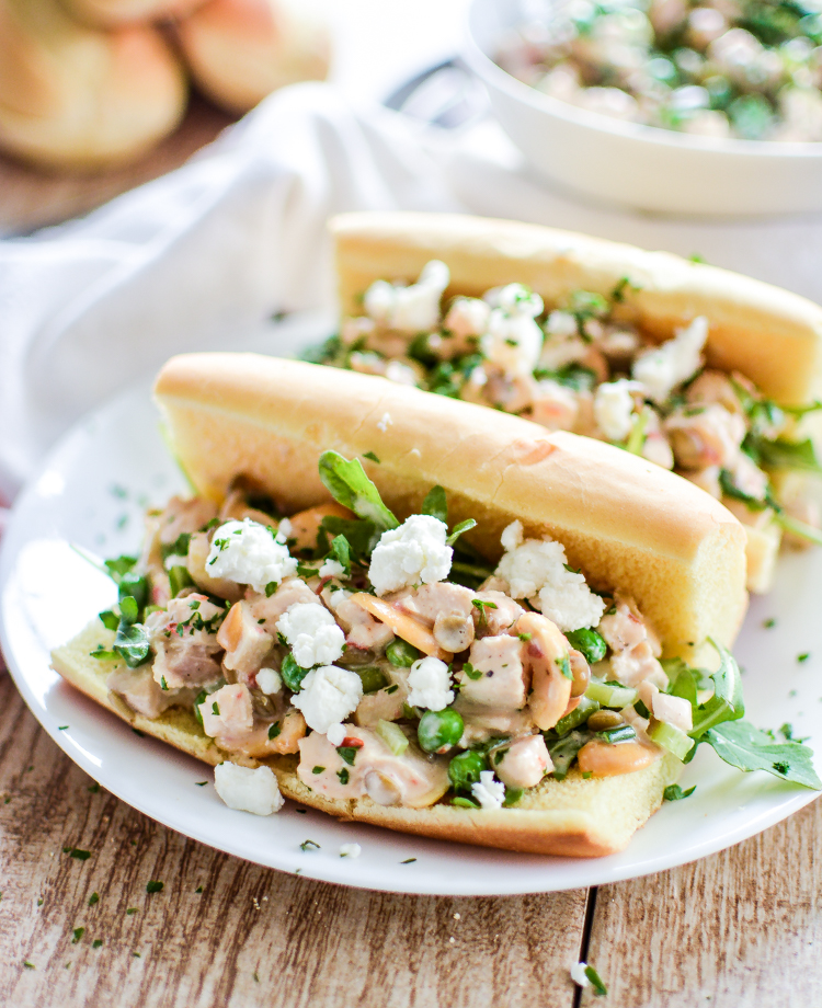 Spring Chicken Salad Sandwiches with Lentils and Spicy Honey Mayo are a fun twist on your traditional chicken salad sandwich and are perfect for lunch or dinner! | www.cookingandbeer.com