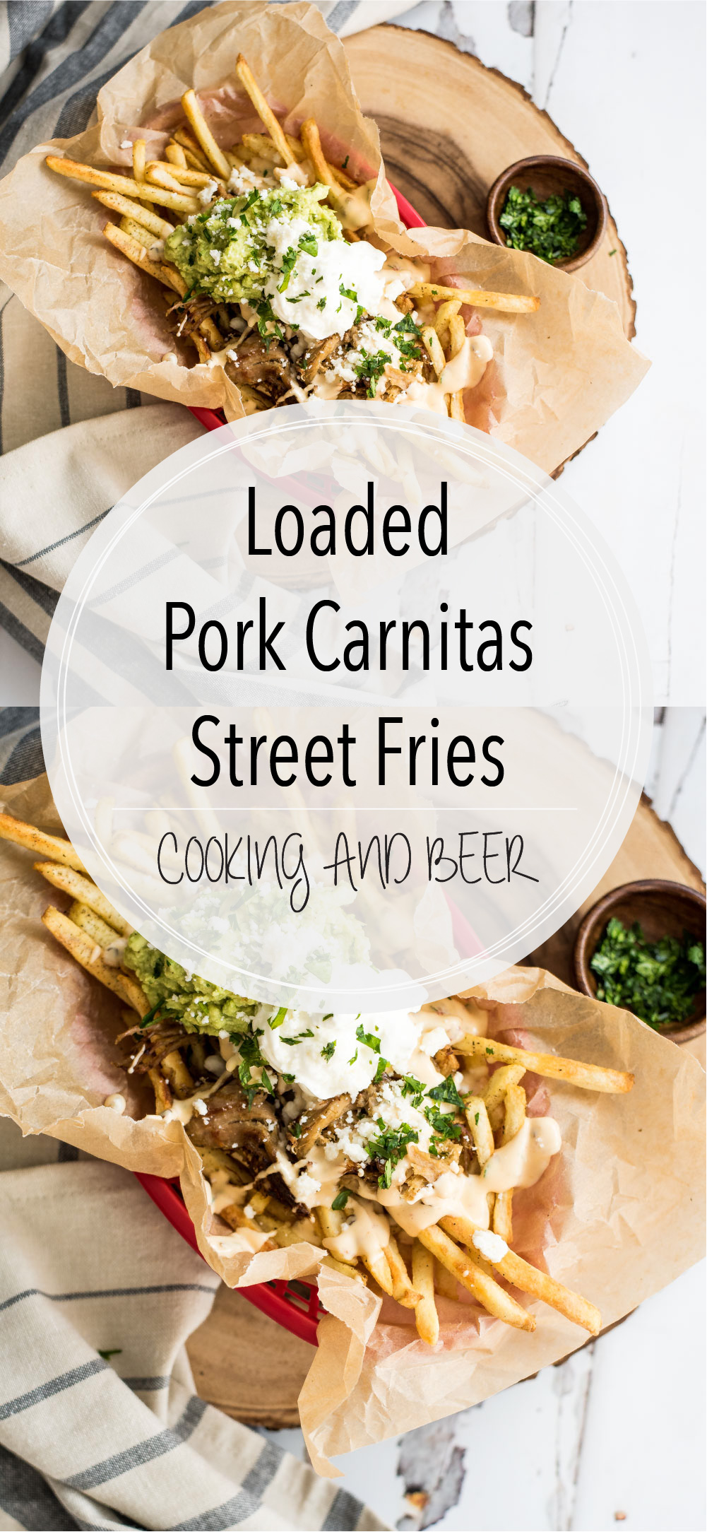 These loaded pork carnitas street fries are the perfect side dish for a Mexican-themed dinner or an appetizer for a small get together!