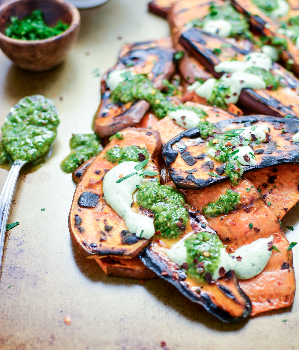 Grilled Sweet Potatoes with Cilantro Cream and Quick Chimichurri