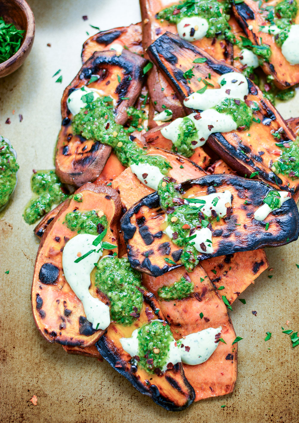 Grilled Sweet Potatoes with Cilantro Cream and Quick Chimichurri